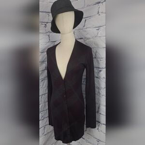 Burberry Women's 100% Silk Cardigan Sweater Dark Burgundy Check Medium